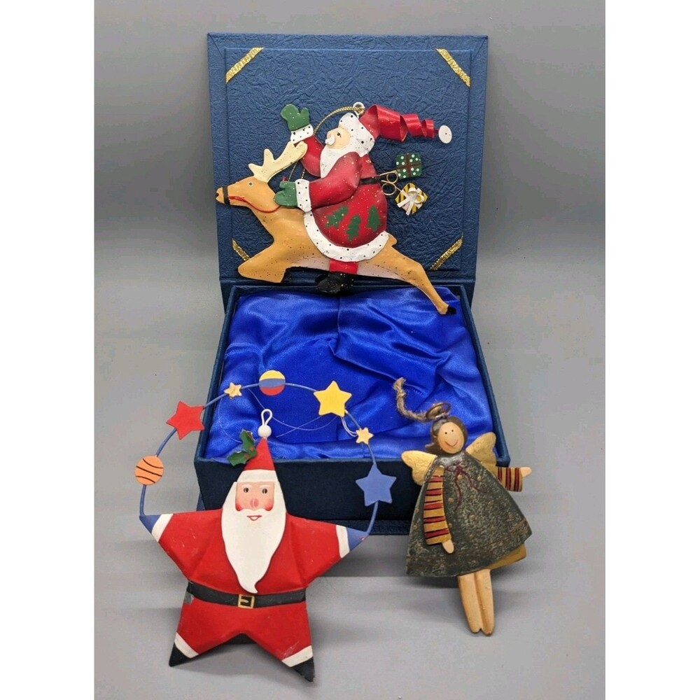 Christmas Ornament Lot 3 Rustic Primitive Farmhouse Folk Art  Metal Santa, Angel